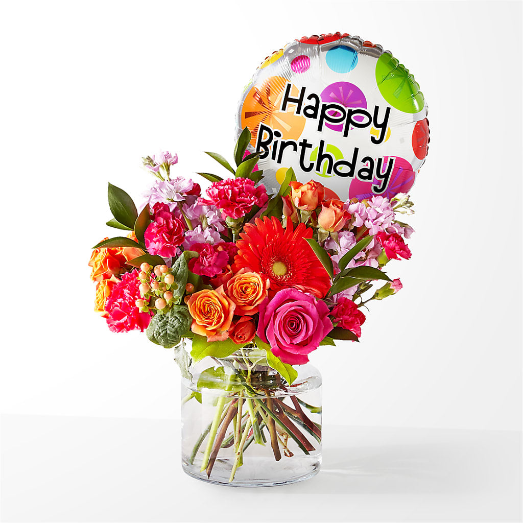 Fiesta Bouquet with Birthday Balloon – Floral Art Designs, Arlington MA