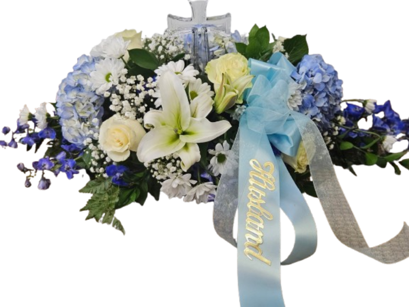 Blue and White Casket Cover with Crystal Cross – Floral Art Designs, Arlington MA