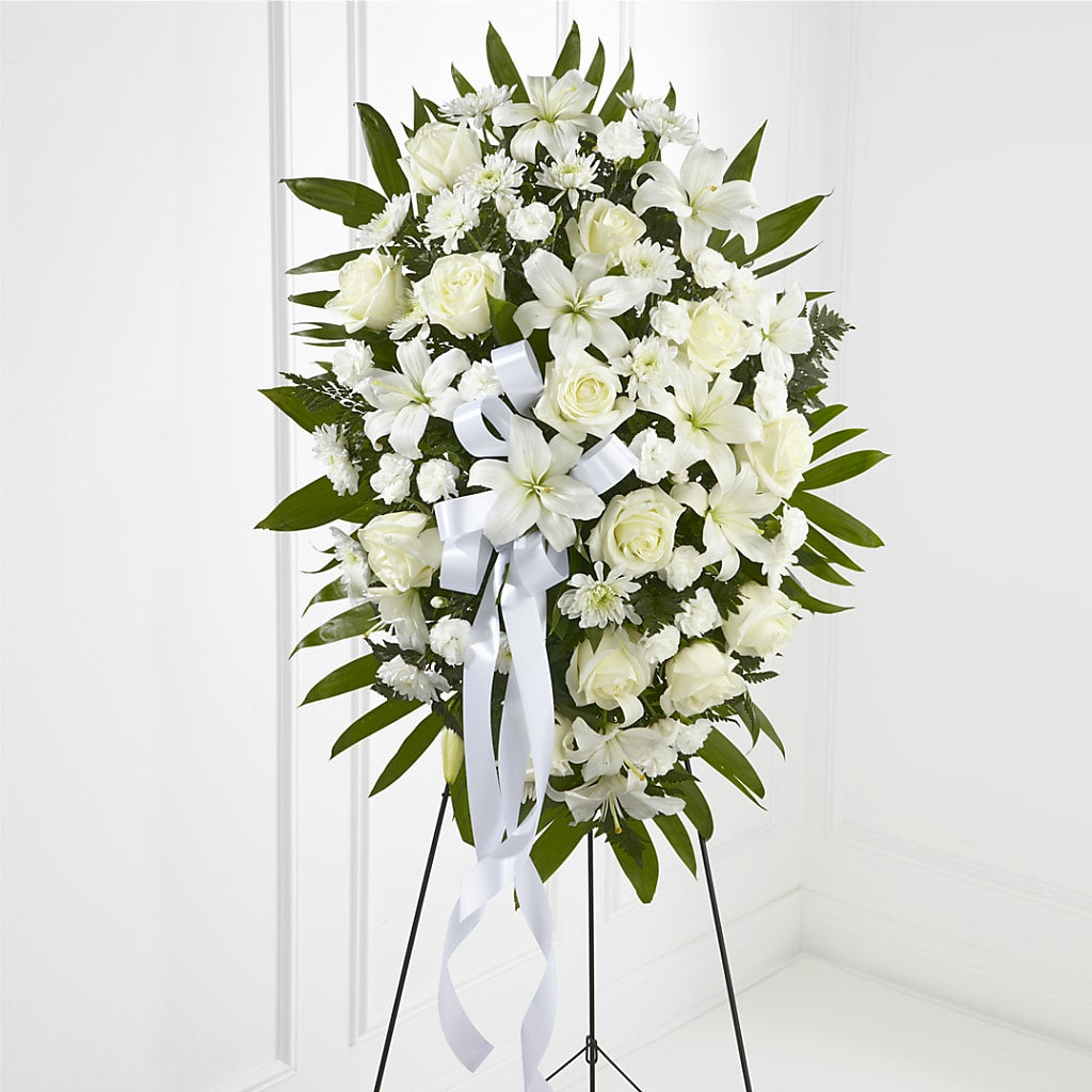 Exquisite Tribute Standing Spray-White Ribbon – Floral Art Designs, Arlington MA