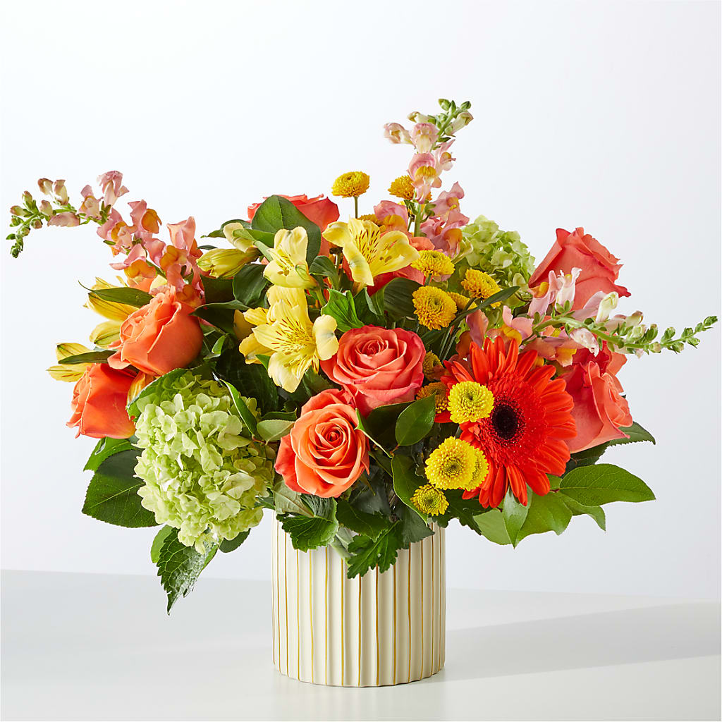 Autumn Sunshine Bouquet with Ivory Vase – Floral Art Designs, Arlington MA