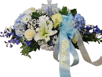 Blue and White Casket Cover with Crystal Cross –  Floral Art Designs, Arlington MA